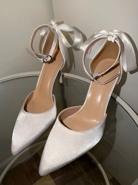White satin bow heels